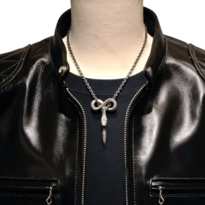 Cobra snake pendant necklace on male model front view, gothic punk style chain with realistic carved scales