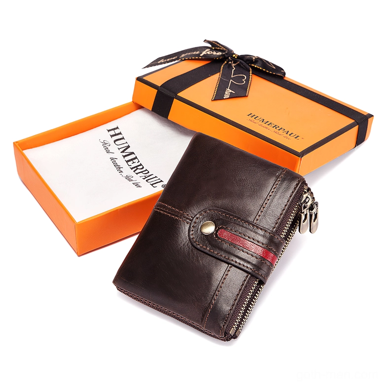 Coffee brown genuine leather wallet with premium orange gift box and branded packaging