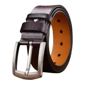 Coffee dark brown gothic leather belt with silver metal buckle, oblique angle studio shot
