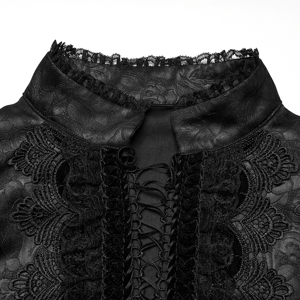 Close-up detail of lace-trimmed stand-up collar and lace-up front design on gothic drawstring shirt