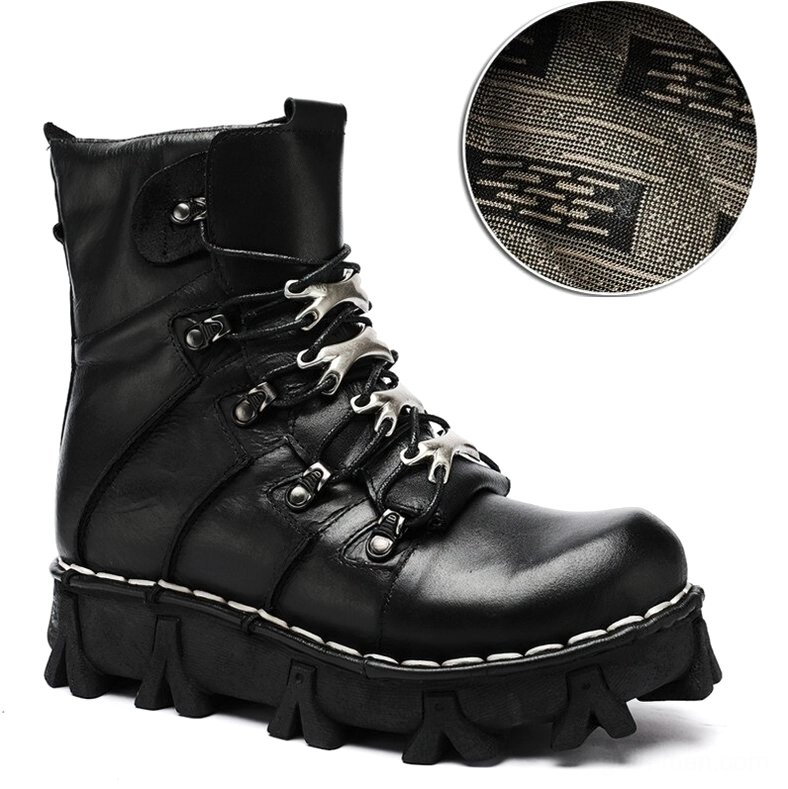 Black leather combat ankle boots side profile view highlighting plush fabric lining interior and reinforced metal lace hooks