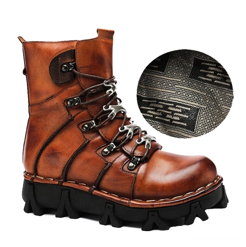 Brown genuine leather combat boots front angle view with woven interior lining detail and aged vintage brown leather character