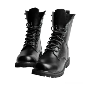 Black gothic lace-up combat boots front three-quarter view with metal eyelets and thick rubber sole