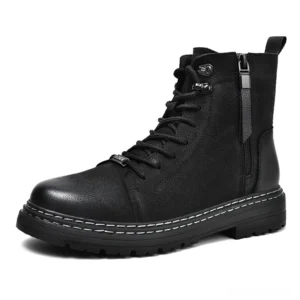 Black leather gothic combat boots with lace-up closure and side zipper, left front three-quarter view