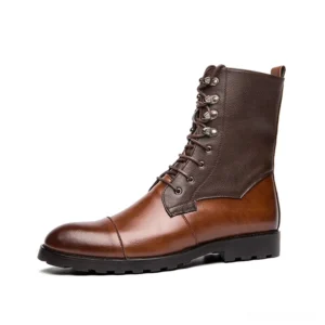 Gothic lace-up combat boots with two-tone brown split leather, three-quarter side view showing round toe and lace-up closure