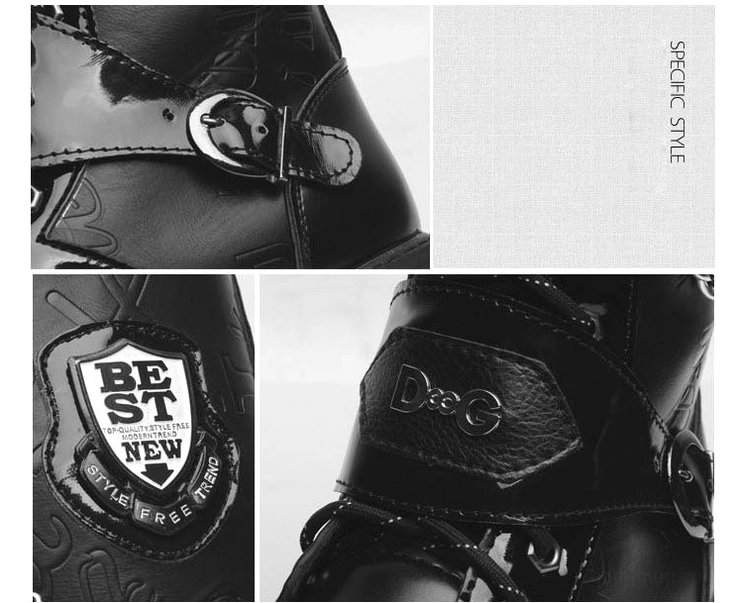 Close-up detail shots of gothic combat boots showing metal buckles, rivets, embossed leather craftsmanship and industrial design elements