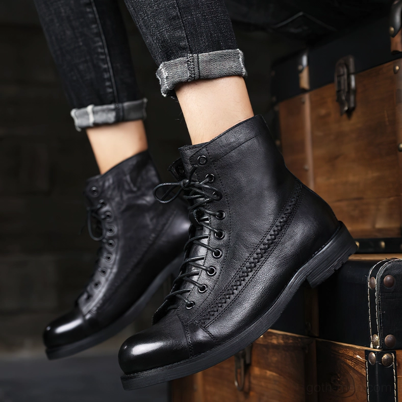 Black and brown gothic lace-up combat boots PU leather vintage style collection