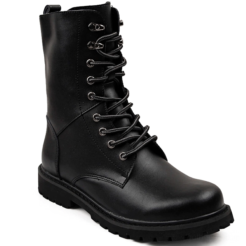 Black combat work boots front-right angle, showcasing metal front hooks and thick tread rubber sole for industrial goth style