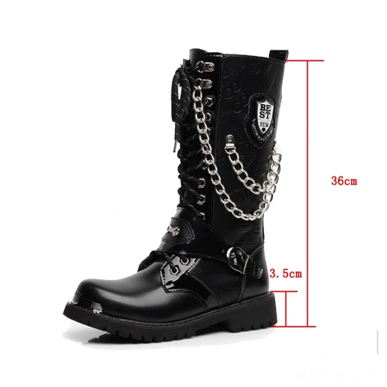 Mid-calf gothic combat boots with metal chain accents and badge emblem, height dimension marks for accurate sizing reference