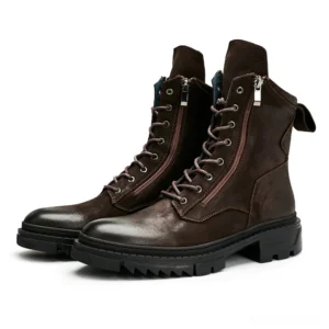Gothic lace-up combat boots with side zipper - dark brown leather three-quarter view