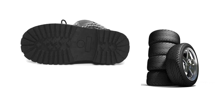 Rubber lug sole of gothic combat boots with tread pattern similar to tire tread, sole construction and outsole durability showcase