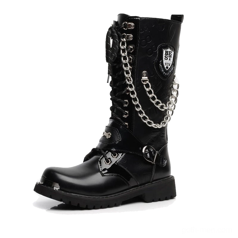 Black gothic mid-calf combat boots with metal chains and rivet details, side profile view showcasing handmade construction and industrial aesthetic