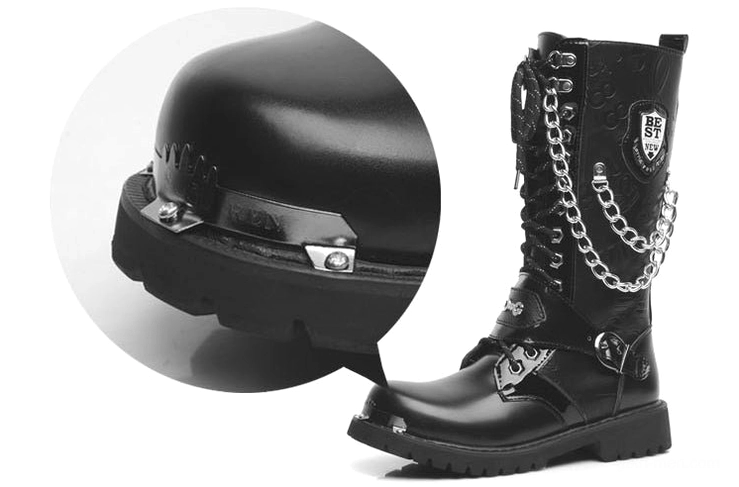 Mixed angle close-ups of gothic combat boots featuring metal toe cap, chain decorations, badge emblems and premium leather construction