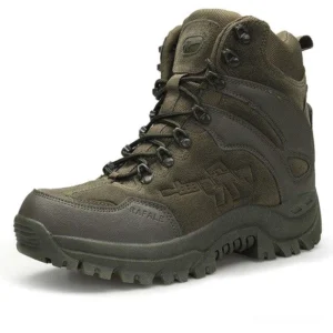 Olive green gothic combat boots front three-quarter view showing lace-up closure and rugged tread sole