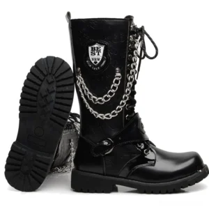 Men's gothic combat boots with measurement scale and lug sole pattern visible, size reference and outsole traction demonstration