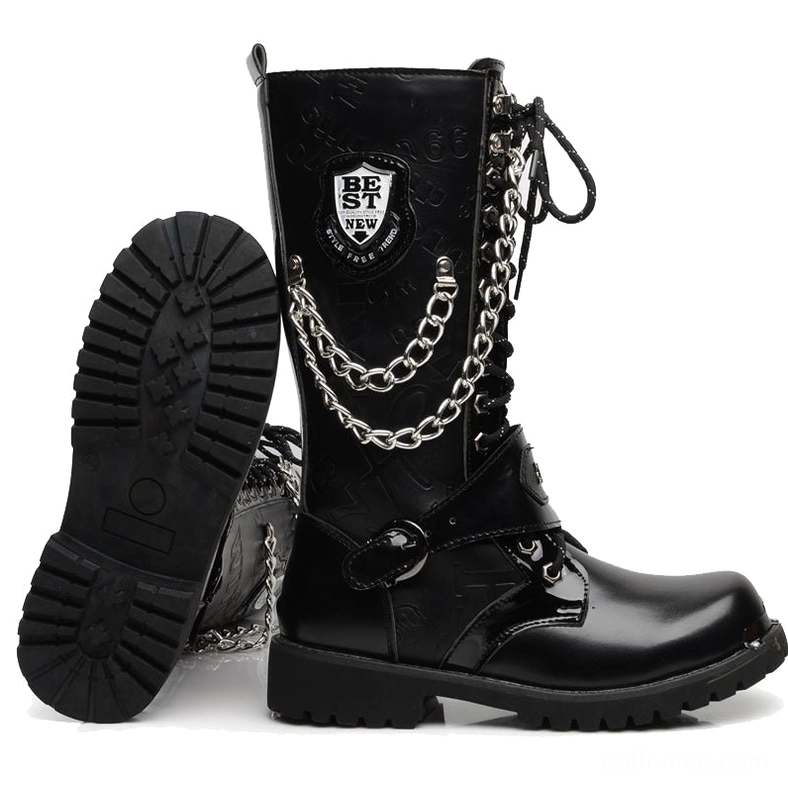 Men's gothic combat boots with measurement scale and lug sole pattern visible, size reference and outsole traction demonstration