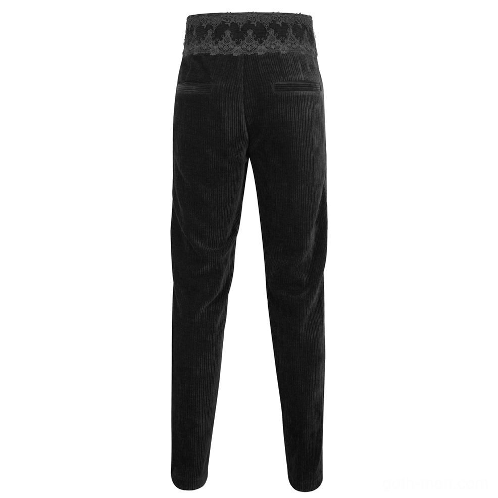 Rear full-length view of black corduroy gothic pants showing lace waist trim and back pocket construction