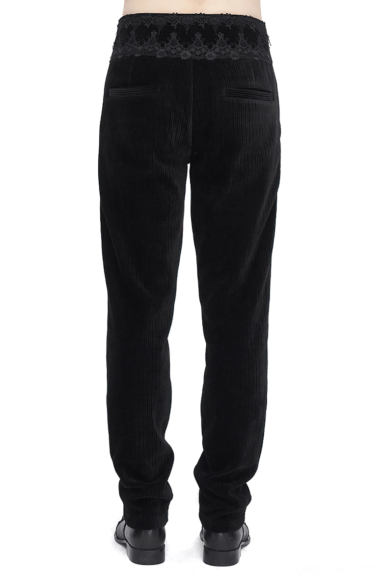 Black gothic corduroy pants rear view showing lace waistband trim and back welt pocket detail