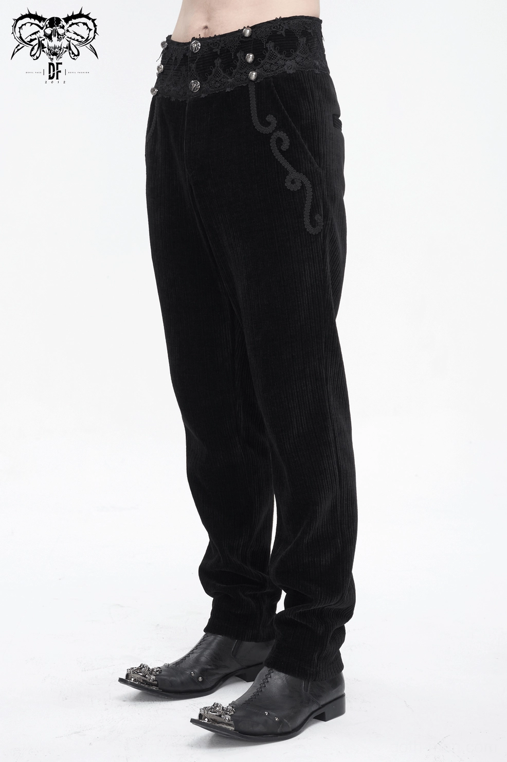 Gothic black corduroy pants showcasing lace embellishments and decorative gem button accents