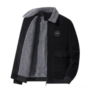 Men's black corduroy gothic winter parka with sherpa fleece collar front view
