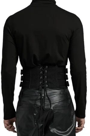 Black gothic corset belt rear view showing adjustable drawstring back with skull pendants on male model