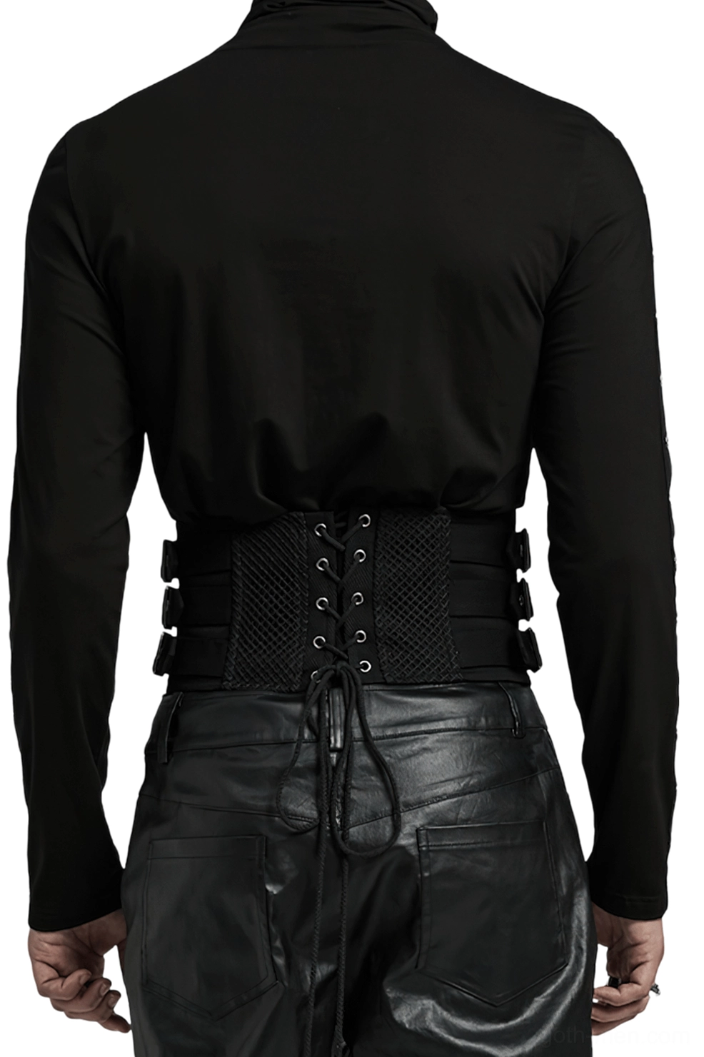 Black gothic corset belt rear view showing adjustable drawstring back with skull pendants on male model