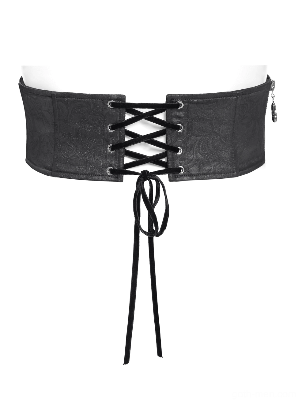 Back view of gothic corset belt - lace-up closure with drawstring and side zipper fastening