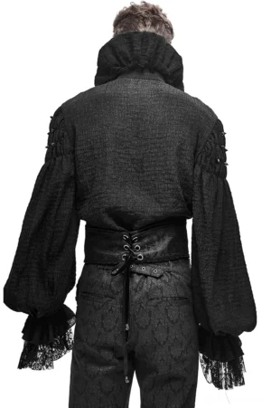 Back view of black gothic waist corset with lace-up rear design and metal grommets on male model