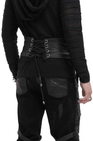 Rear view of punk corset waist belt worn by male model, showing back lace-up closure detail and gothic silhouette