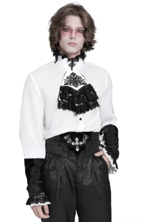 Male model wearing black gothic corset belt with bat wings embroidery, styled with gothic formal shirt