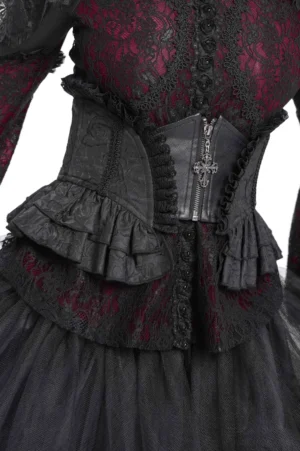 Black gothic lace corset belt with cross zipper worn on model, front detail view showcasing ornamental design