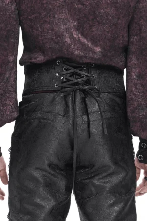 Back view of black brocade gothic corset showing adjustable lace-up closure and textured faux leather construction