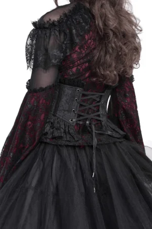 Black gothic corset belt back view on model showing crisscross lace-up design and drawstring closure