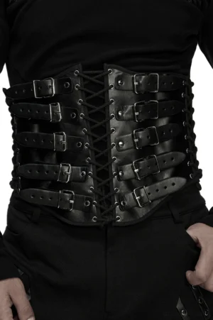 Black gothic corset belt front view with lace-up design and metal buckle straps close-up