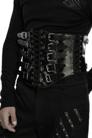 Male model wearing black gothic corset belt from side-front angle showing buckle straps and lace-up details