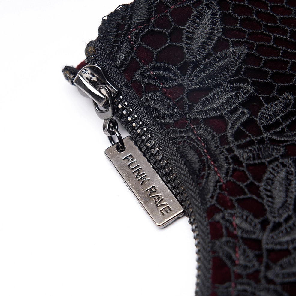 Punk Rave metal brand tag and embroidered lace fabric attachment detail on wine red gothic corset