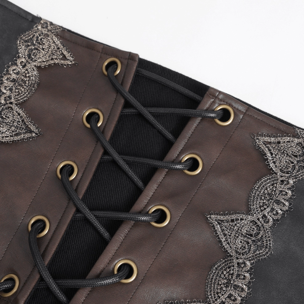 Structured brown synthetic leather gothic corset belt showing fit and silhouette enhancement