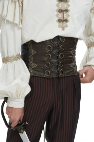 Brown gothic corset belt side view on male model showing lace-up detail and chain accents