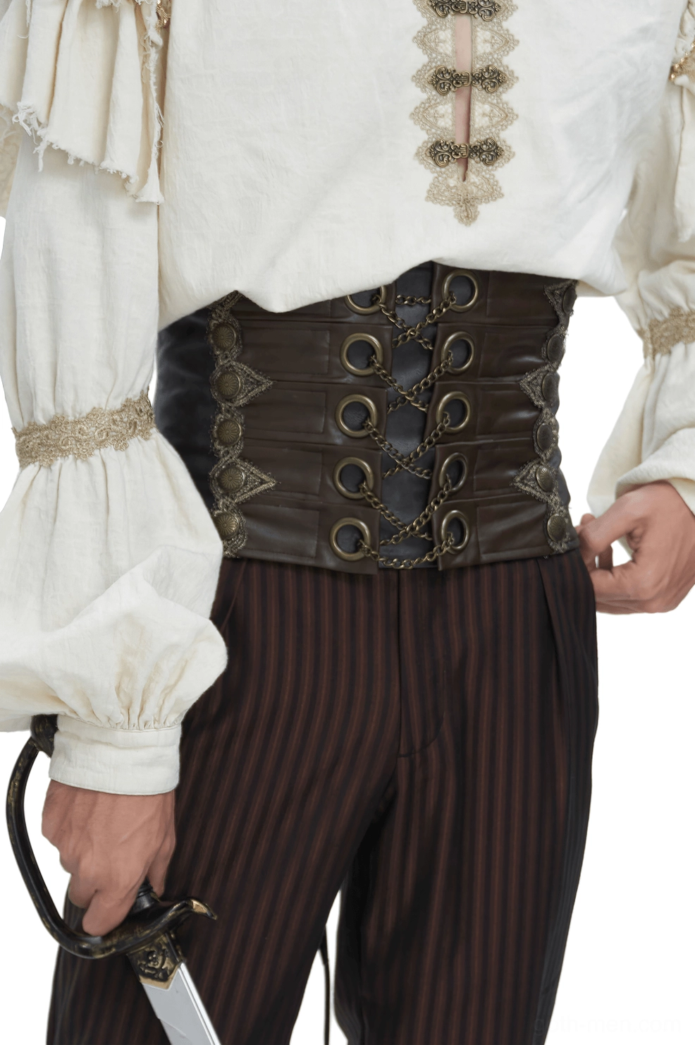 Brown gothic corset belt side view on male model showing lace-up detail and chain accents