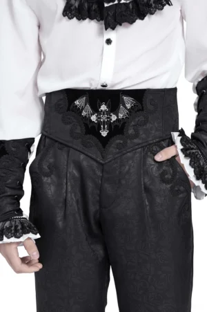 Black velvet gothic corset belt with embroidered bat wings and cross - front close-up detail view