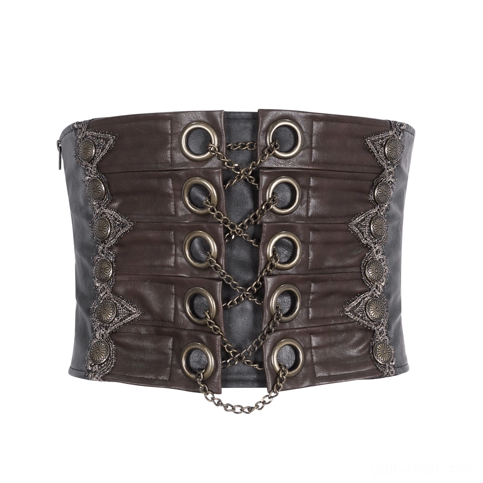 Flat lay front view of brown gothic corset belt showing metal chain lace-up and grommets
