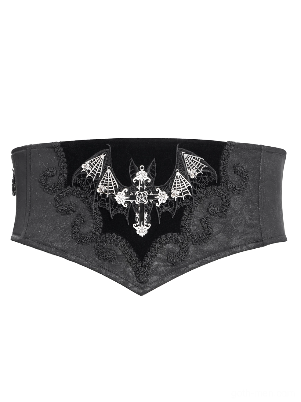 Flat lay display of black gothic corset belt - embroidered bat wings and cross on velvet jacquard