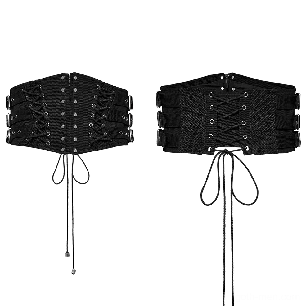 Black gothic lace-up corset belt flat lay product shot showing front lacing and metal buckles