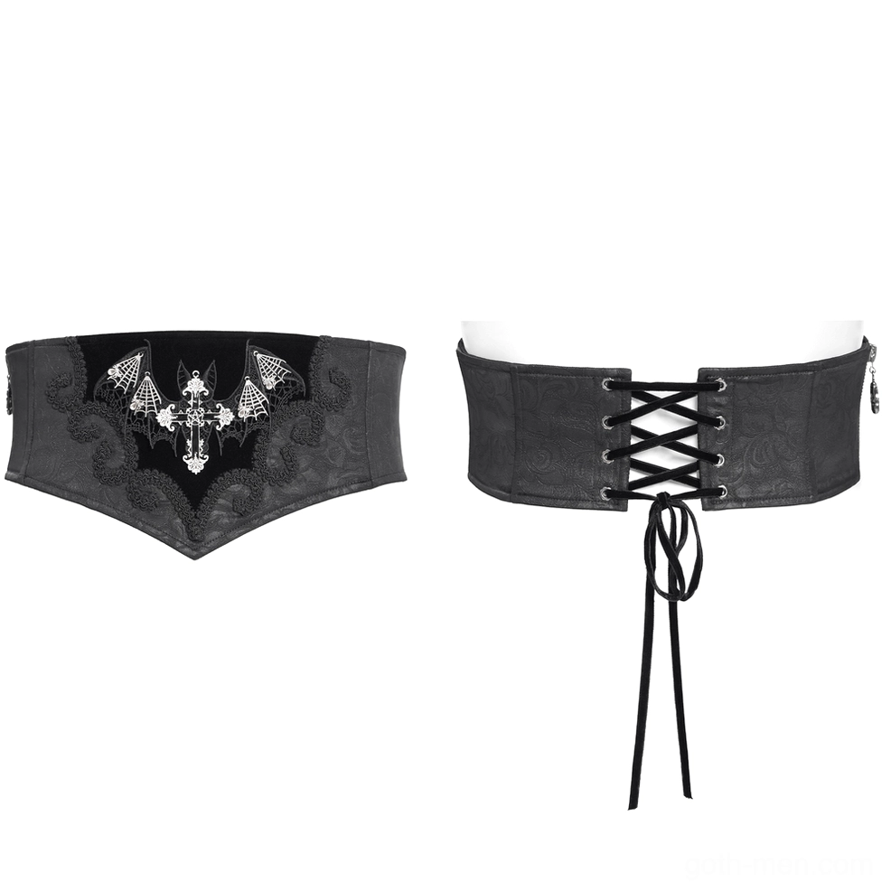 Gothic corset belt front and back display on mannequin - embroidered front panel and lace-up back closure