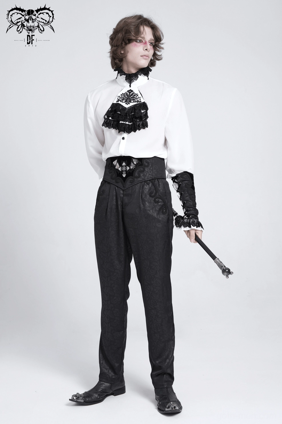 Gothic corset belt front embroidered detail - cross and bat wing motifs on black jacquard fabric