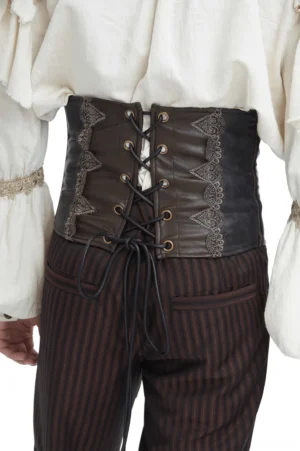 Front waist view of brown leather gothic corset belt with metal eyelets and decorative studs