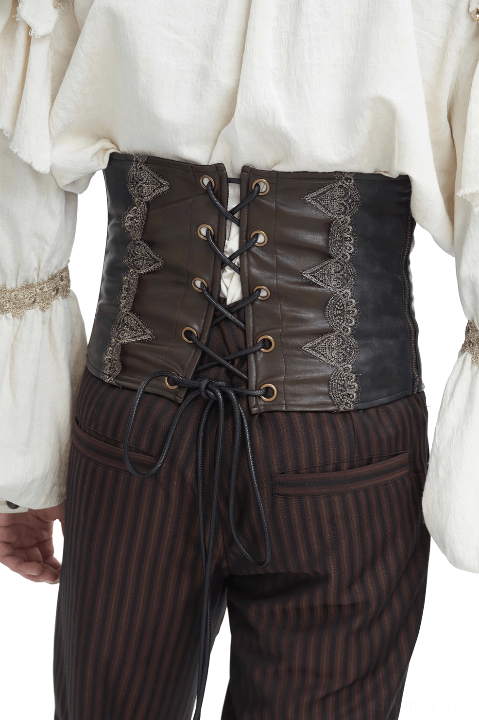 Front waist view of brown leather gothic corset belt with metal eyelets and decorative studs