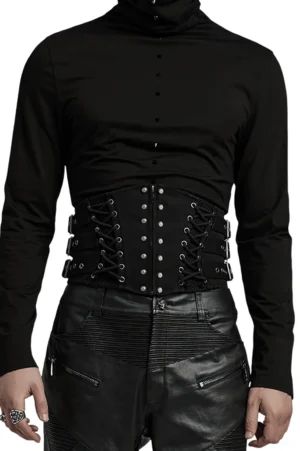 Gothic lace-up corset belt front three-quarter view on male model, black twill fabric with metal studs and side buckles