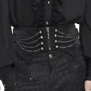 Men's black gothic corset belt close-up front view showing zipper closure and layered metal chains