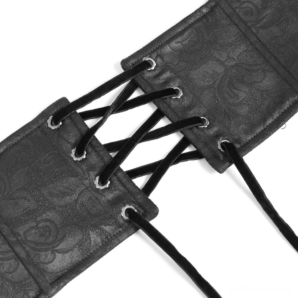 Gothic corset belt product showcase - full front embroidered design with lace trim on black velvet